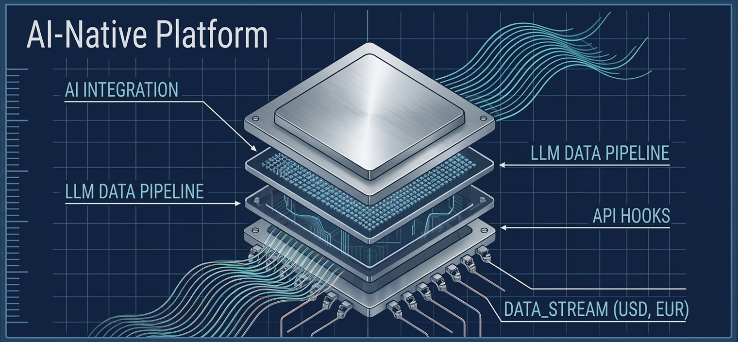 Blueprint-style layered AI platform chip with LLM data pipeline and API hooks