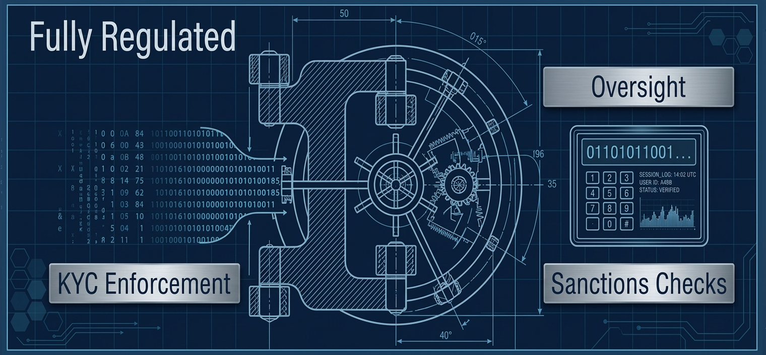 Illustrated fully regulated security vault with KYC enforcement and sanctions checks