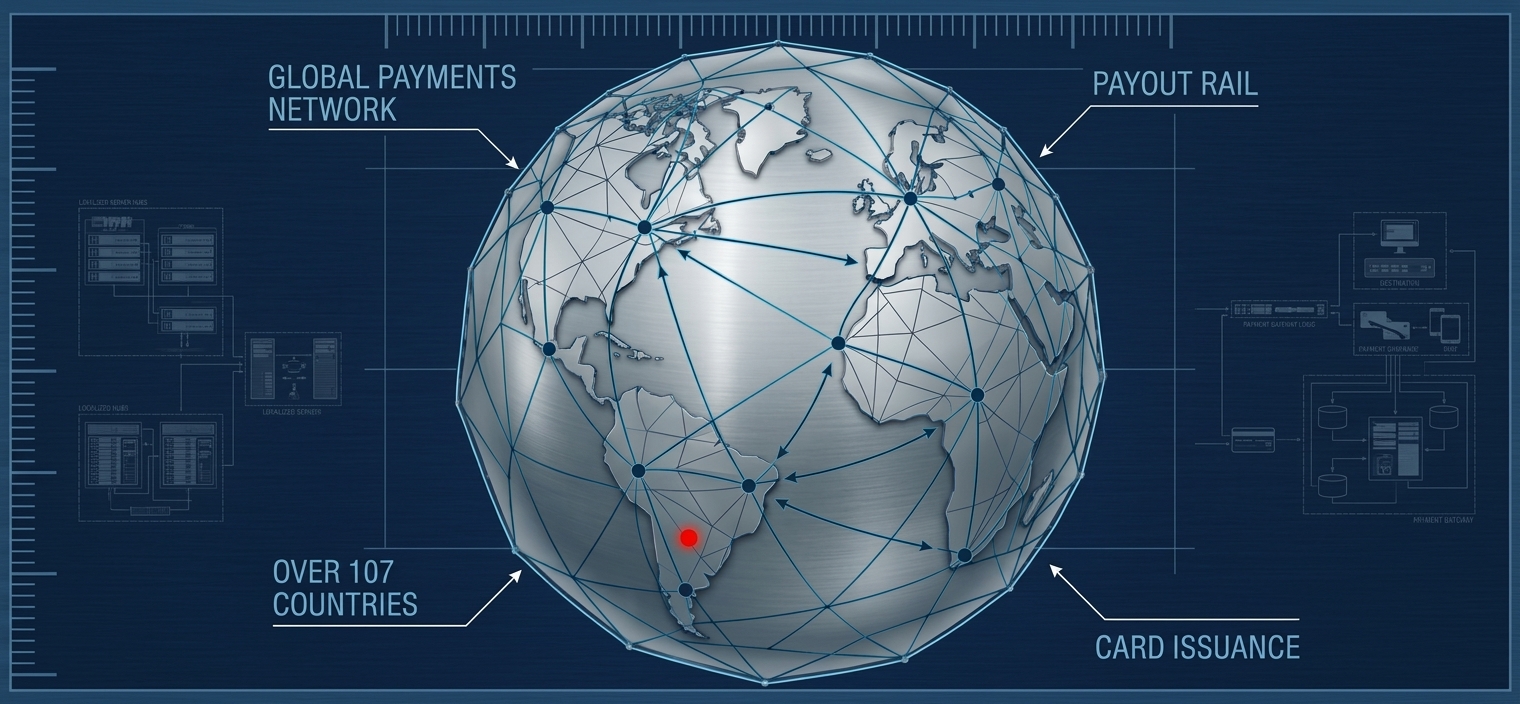 Illustrated global payments network globe covering 107+ countries